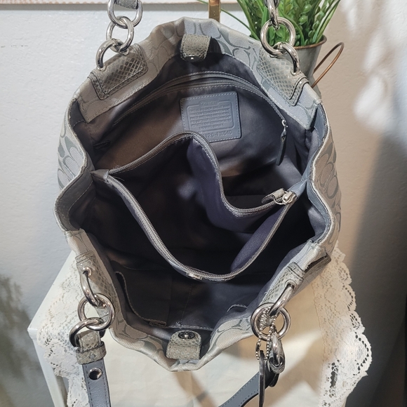 Coach Penelope Grey Signature Logo Carryall Canvas Bag with Embossed Snakeskin - Picture 8 of 14